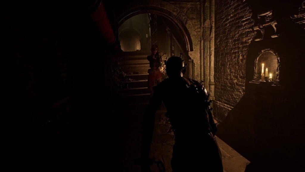 Tormented Souls 2 Caroline Fighting off enemy dark corridor