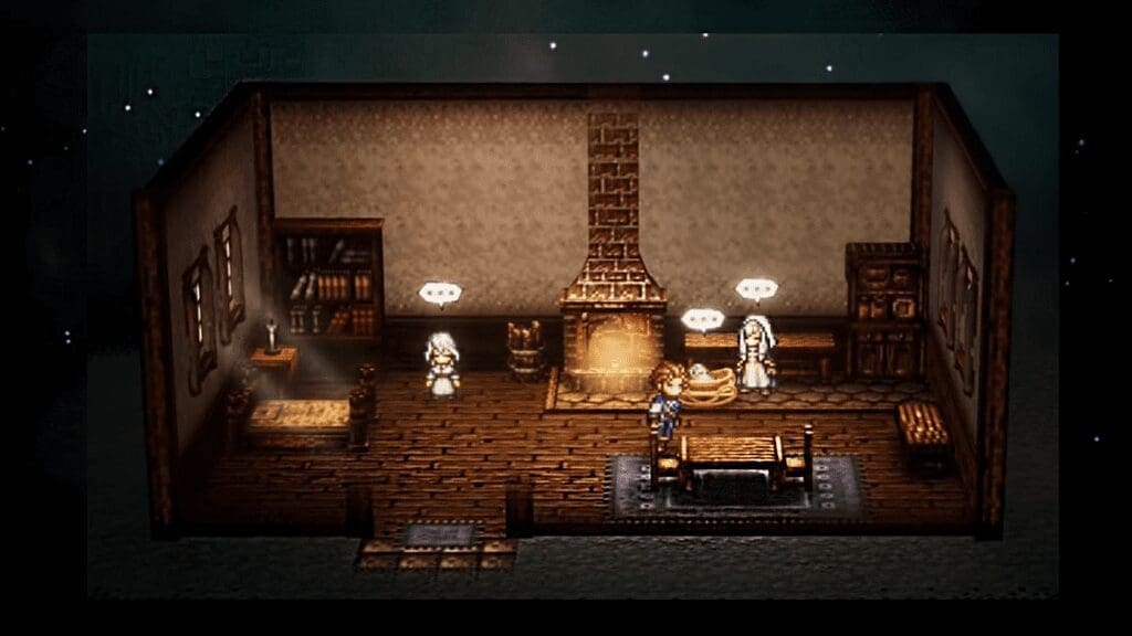Octopath Traveler 0 Sazantos Family in Snowy Cabin
