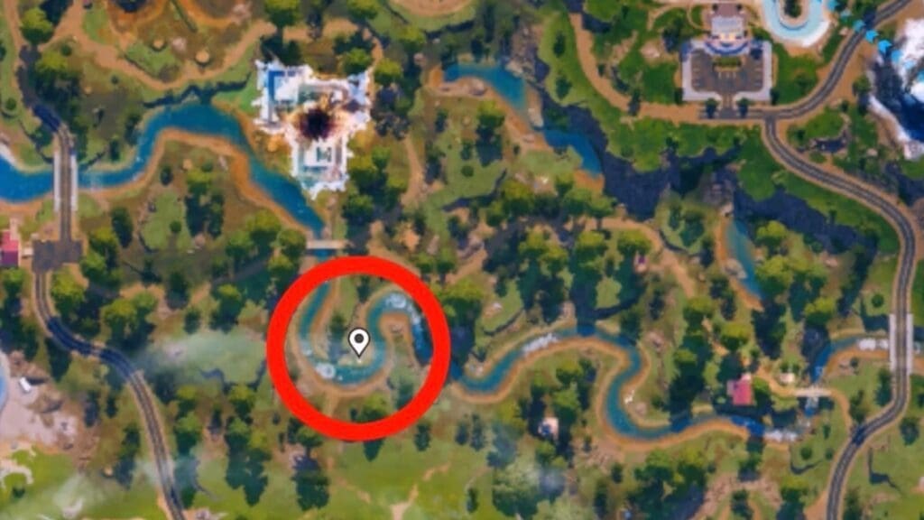 Chaos Cube location 5 in or around Elite's Outpost or Treechopped Timberland in Fortnite.