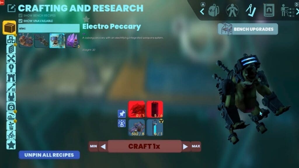 Upgrading the Peccary to an Electro Peccary at the Crafting and Research Bench.